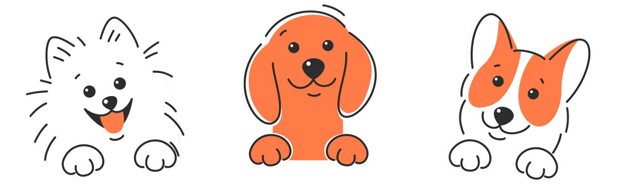 Three cartoon dogs are sitting next to each other on a white background.