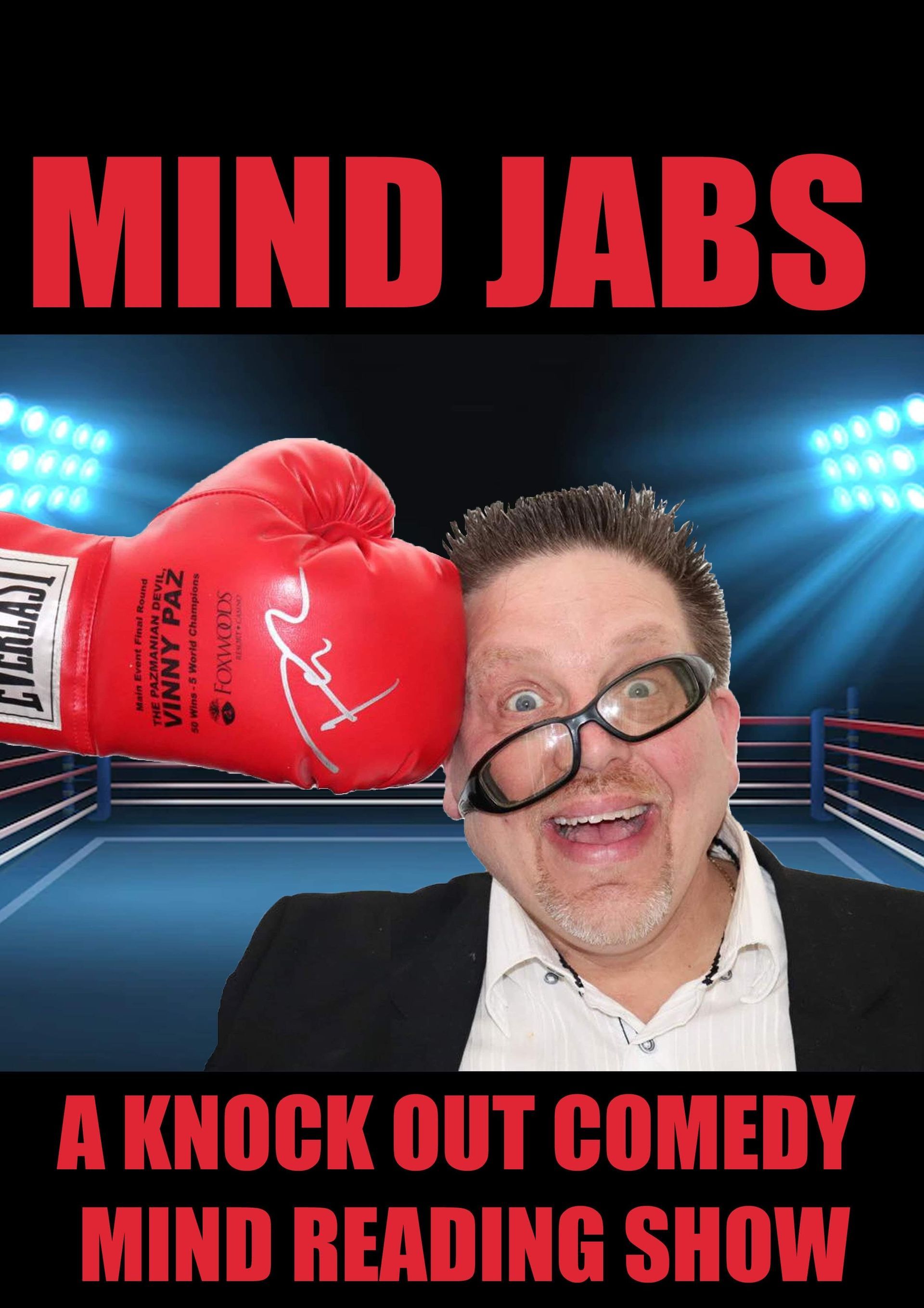 Mind Jabs comedy show poster with a red boxing glove and man in glasses in a boxing ring