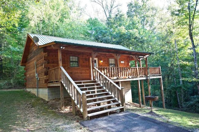 Wooden cabin with front steps and porch in a wooded forest setting