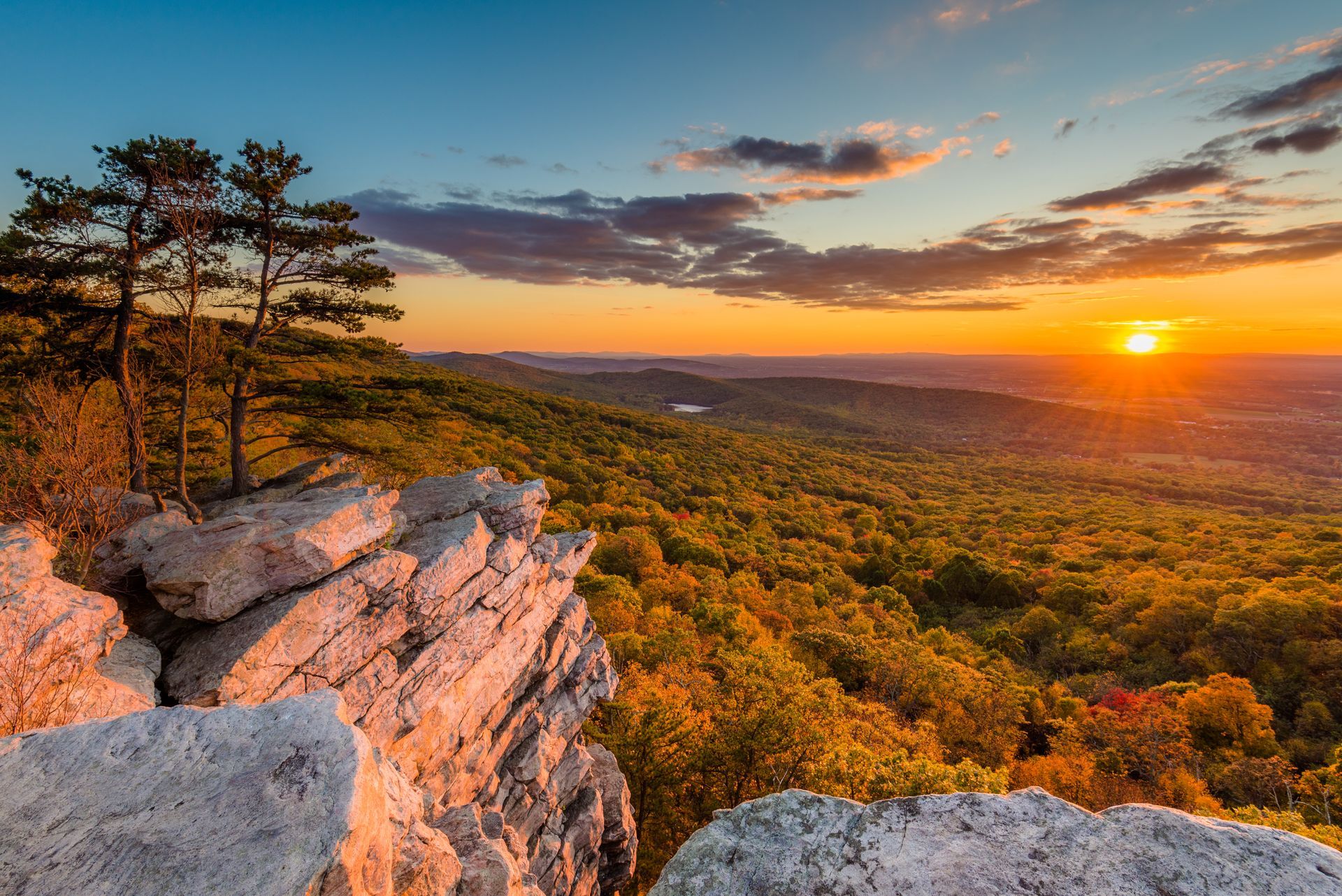 Sunset over a forested valley from a rocky cliff with trees silhouetted in the foreground
