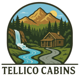 Tellico Cabins logo with mountains, waterfall, river, pine trees, and a cabin under a sunset sky