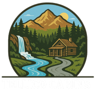 Mountain landscape logo with a waterfall, pine trees, cabin, and winding river at sunset