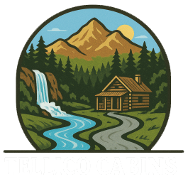 Mountain logo with waterfall, pine forest, cabin, and winding stream at sunset