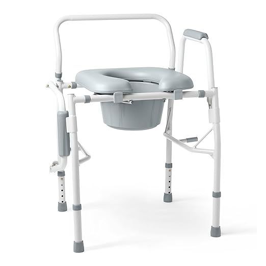 White, adjustable commode chair with a gray padded seat, armrests, and a basin.