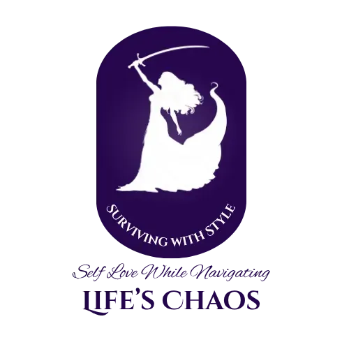 White silhouette figure wielding sword in purple oval, 