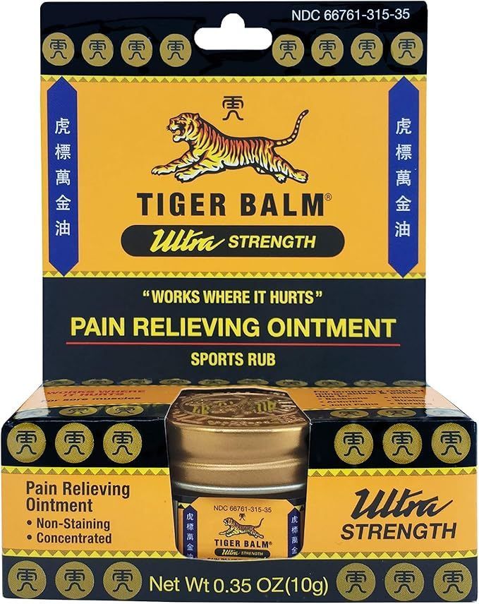 Box of Tiger Balm Ultra Strength pain-relieving ointment. Contains jar with tiger logo, text in English and Chinese.