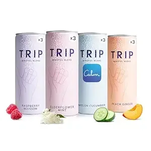 Four cans of "Trip" infused drinks: raspberry blossom, elderflower mint, melon cucumber, and peach ginger, each with accompanying fruits.