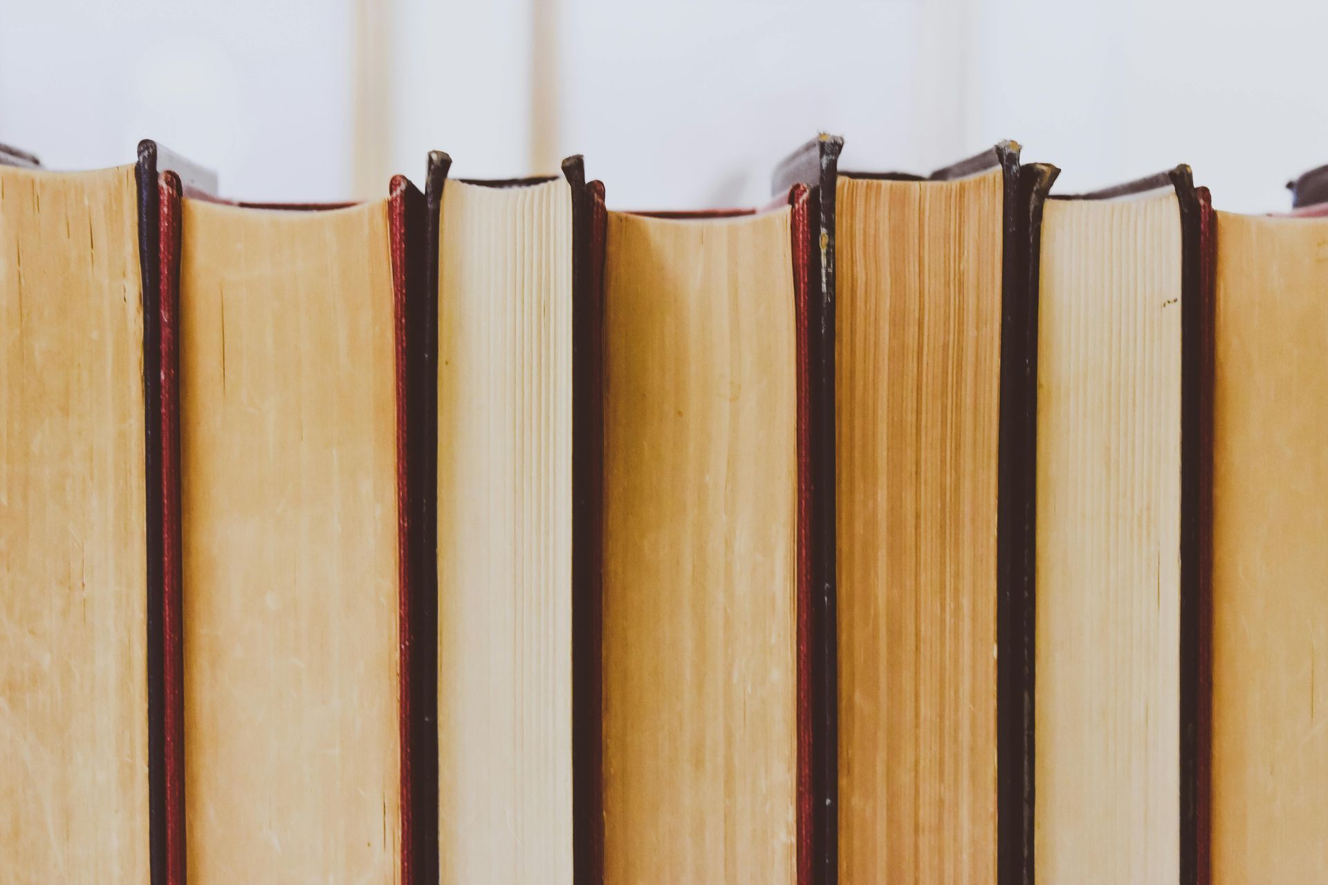 Row of vintage books, beige pages, red spines, arranged horizontally.