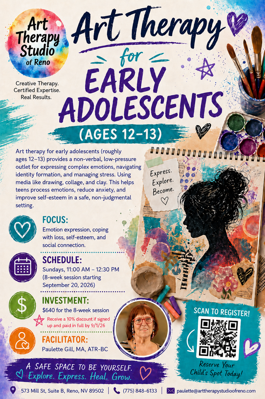 Flyer for Art Therapy for Early Adolescents (ages 12-13) with colorful art, schedule, and QR code.