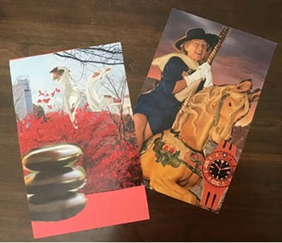 Two collaged postcards: one with a dog, red foliage, and stacked stones; the other with a person on a carousel horse