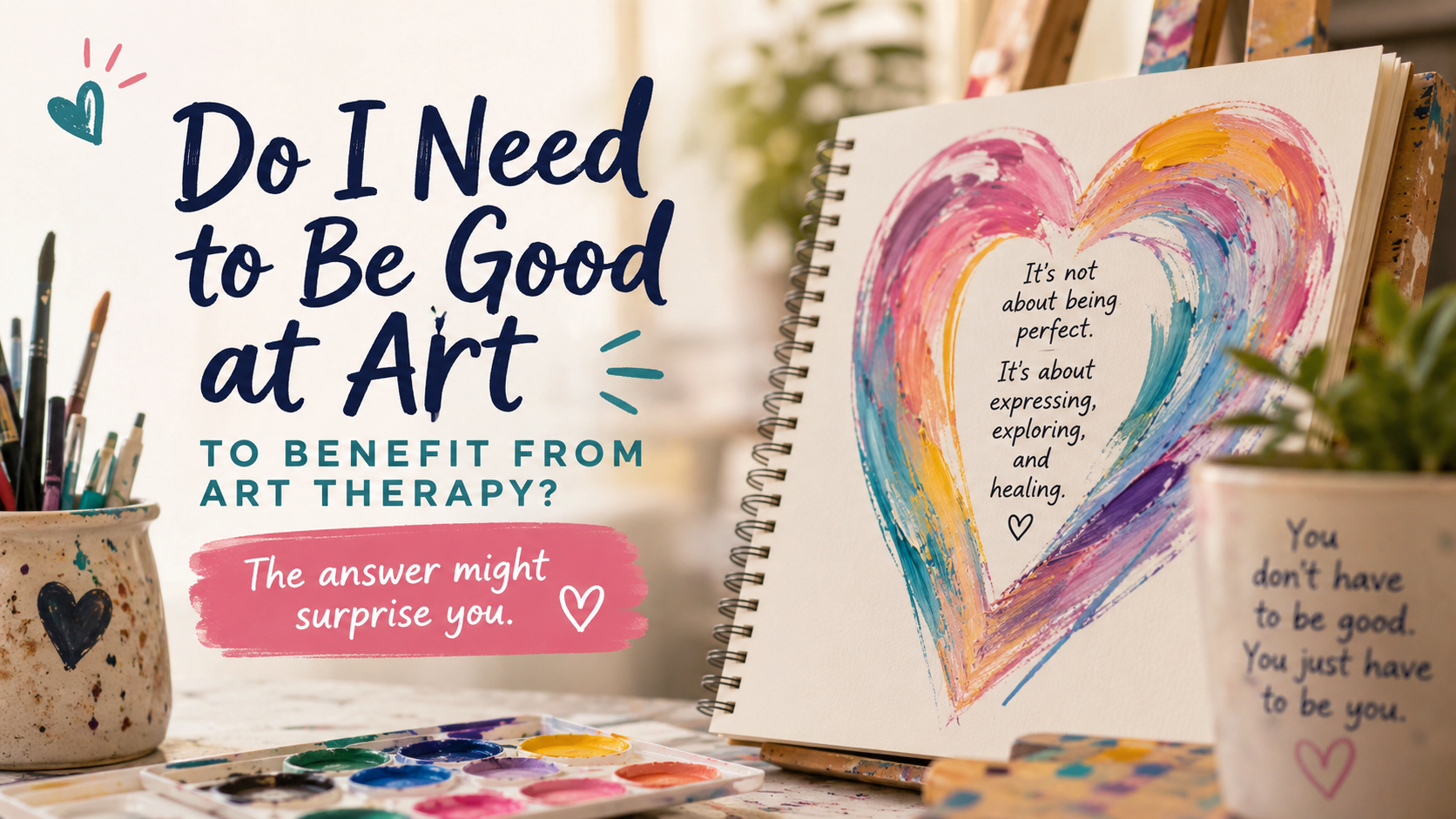 Art therapy book cover with rainbow heart painting and the text “Do I Need to Be Good at Art?”