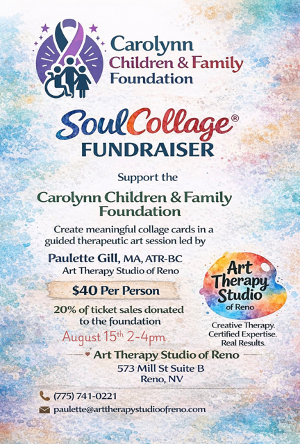 SoulCollage Fundraiser poster for Carolynn Children & Family Foundation, with purple floral artwork and event details