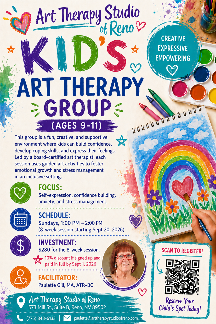 Kids Art Therapy Group flyer with colorful rainbow art, schedule details, and QR code.