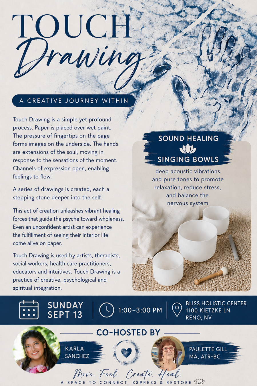Flyer for a touch drawing and sound healing event with blue-and-white seashell imagery and event details.
