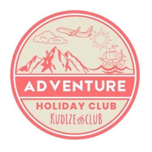 Circular logo: Red and beige with