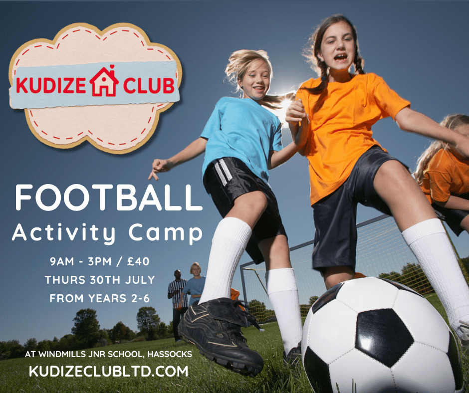 Poster for Kudize Adventure Holiday Club, Sussex with the theme of football
