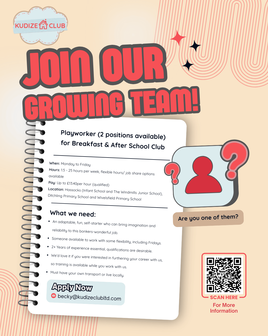 Poster advertising 2 playworker jobs in Sussex, headed with 'Join our team!' and contact Becky@kudizeclubltd.com