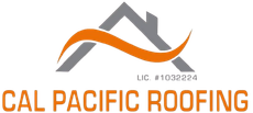 Logo for Cal Pacific Roofing featuring a gray house outline, an orange swoosh, and license number 1032224.