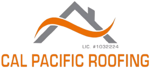 Logo for Cal Pacific Roofing featuring a gray roof icon, an orange swoosh, and license number 1032224.