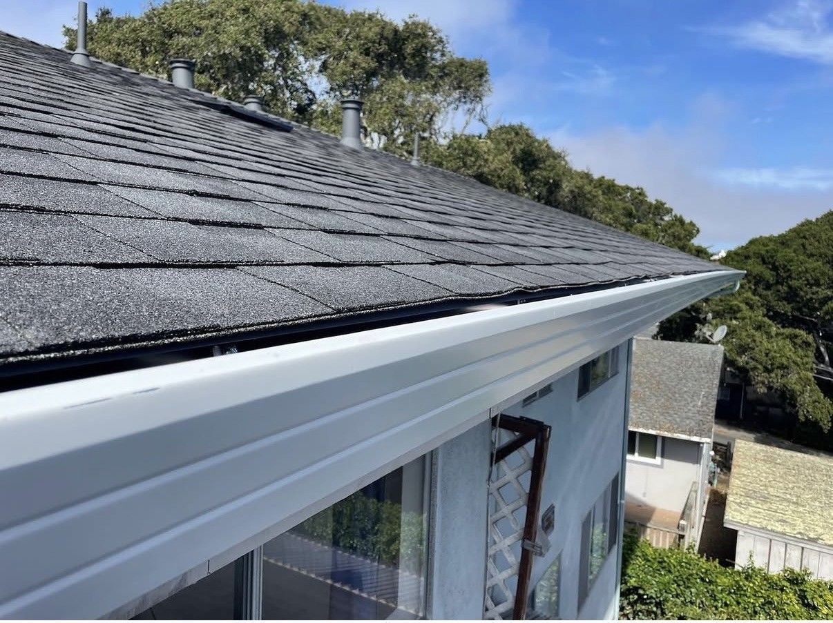 A low-angle view of a grey shingled roof with a white gutter running along the edge against a blue sky and trees.