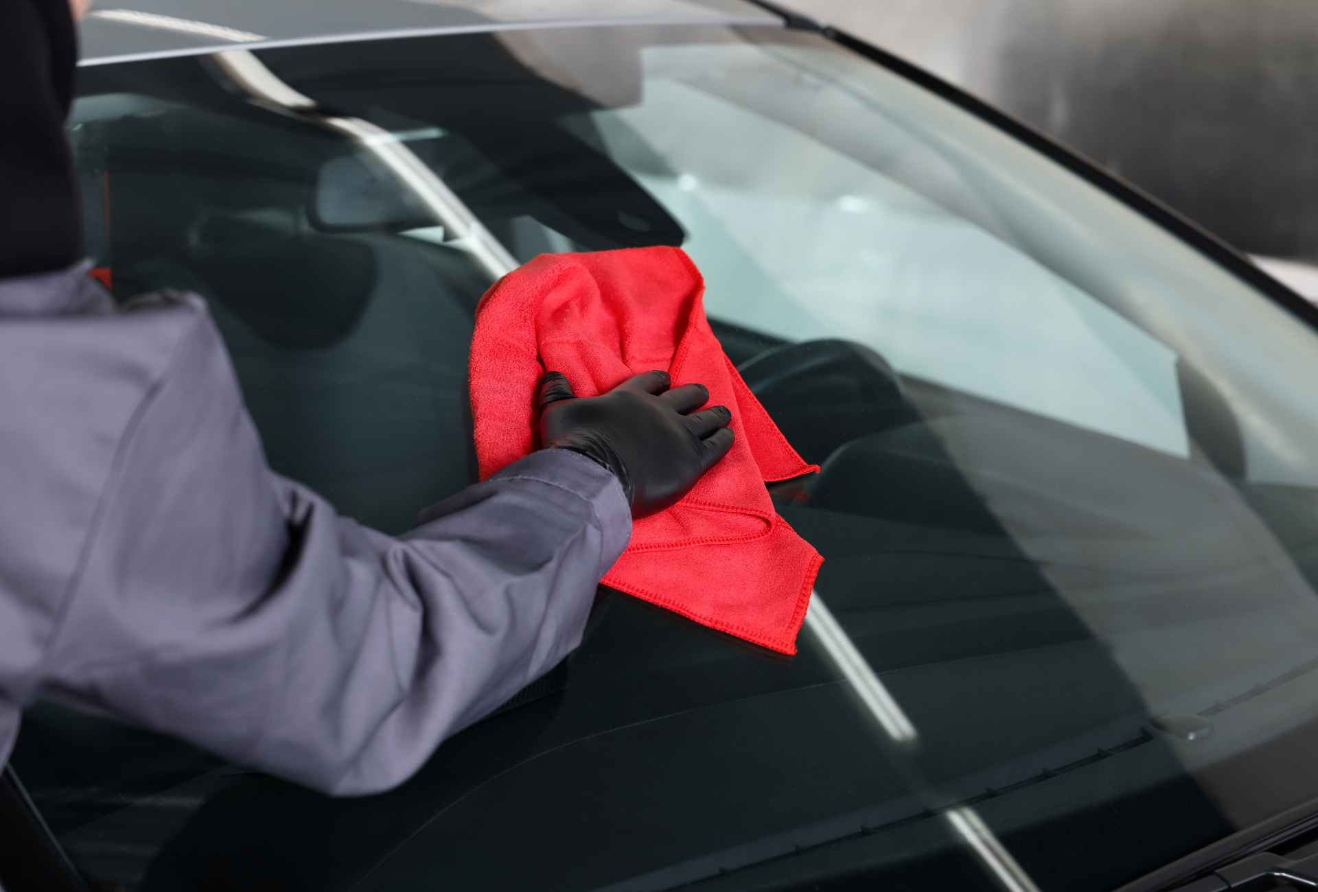 Person in gray suit cleaning a car windshield with a red cloth.