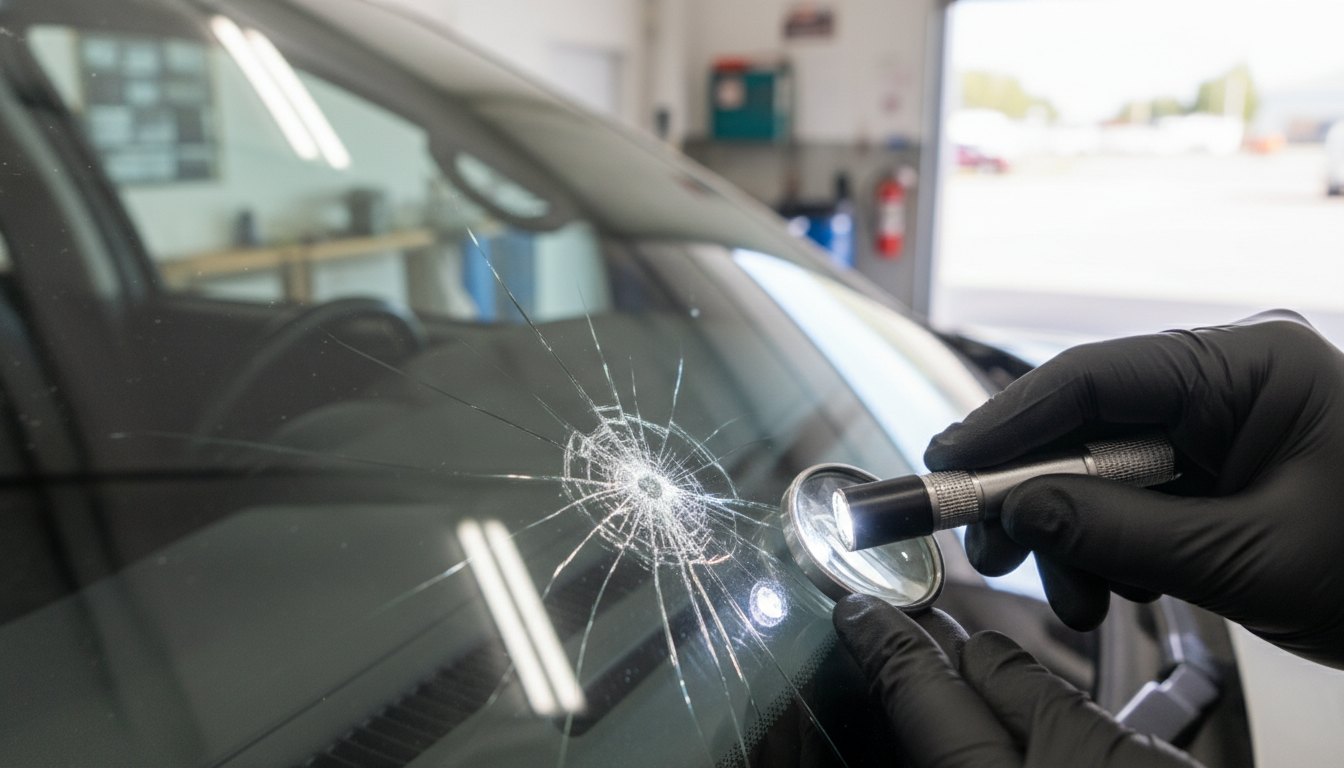 Person with black gloves repairing a cracked windshield in a shop.