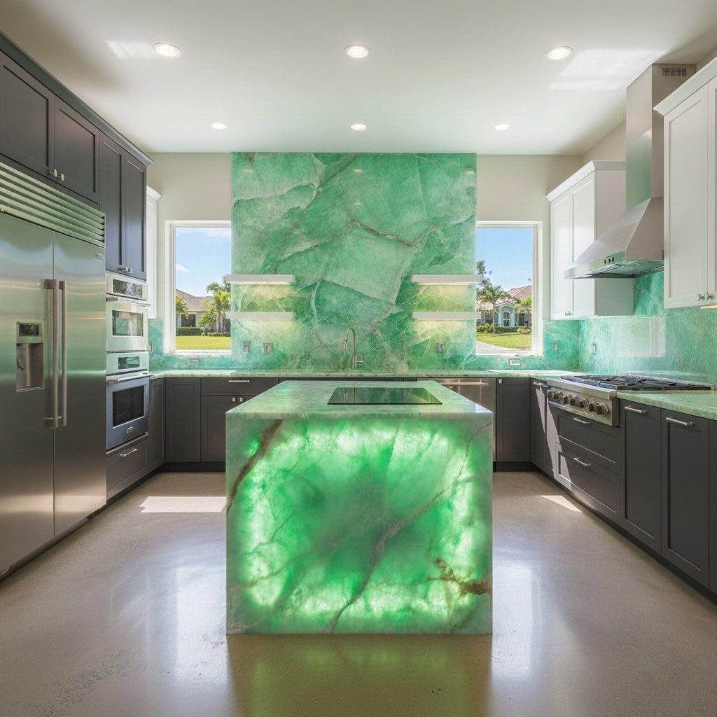 Modern kitchen with glowing green stone island and matching backsplash, dark cabinetry, and bright windows