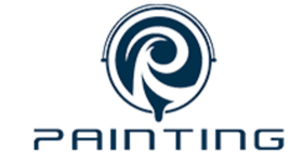 Dark blue logo with a swirling paint stroke inside a circle with a handle above, the word "PAINTING" below.