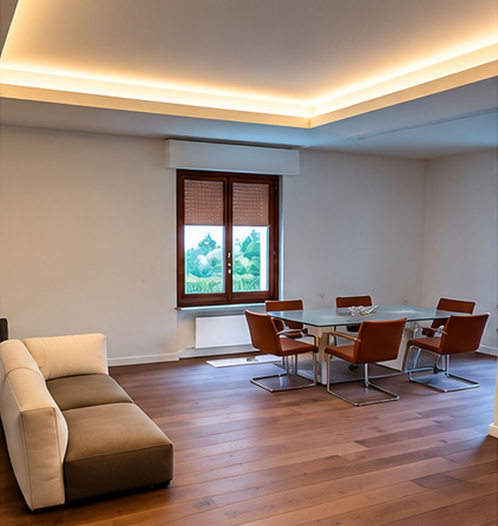 Interno di un progetto realizzato con illuminazione tecnica e decorativa equilibrata.
