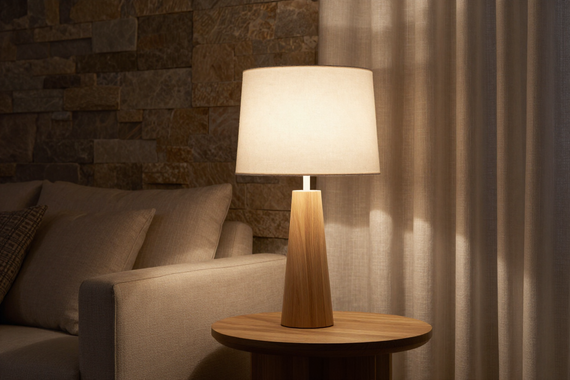 Lampada da tavolo di design in un soggiorno caldo e contemporaneo, con luce soffusa e atmosfera accogliente.