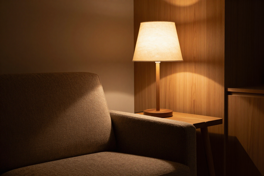 Lampada da lettura accanto a una poltrona in un angolo relax moderno con luce intima.