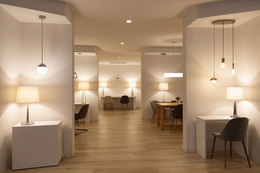 Ampio showroom Living con corner brand, installazioni dimostrative e atmosfere luce accese.