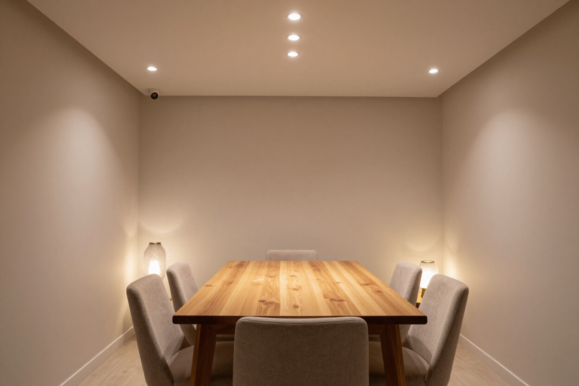 Interno residenziale con faretti tecnici e lampade decorative che valorizzano la zona pranzo.