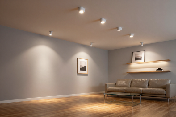 Living moderno con faretti da incasso e binario che valorizzano pareti, arredi e percorsi con luce calda e precisa.