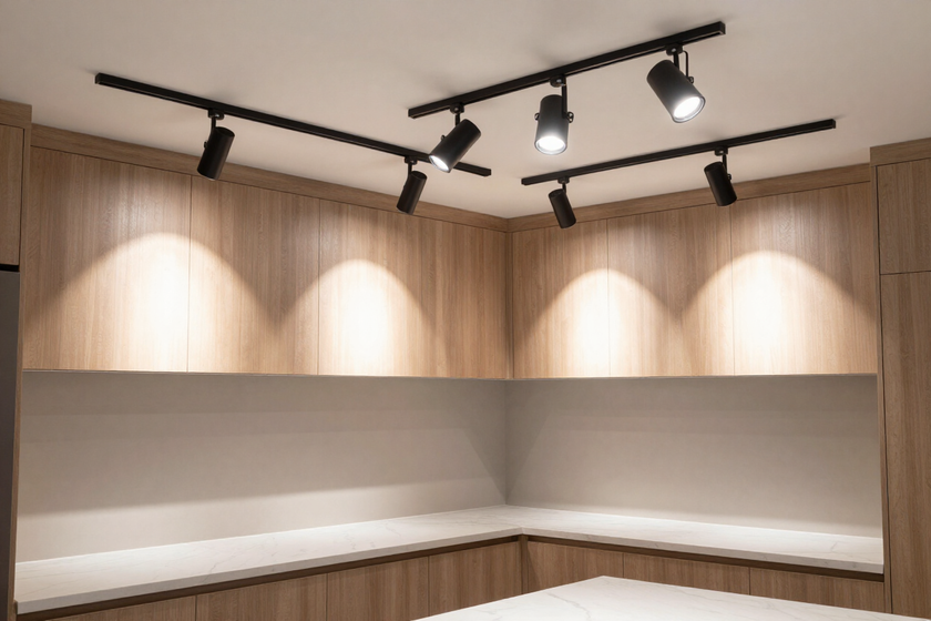 Cucina contemporanea illuminata da faretti orientabili e incassi per una luce funzionale e uniforme.