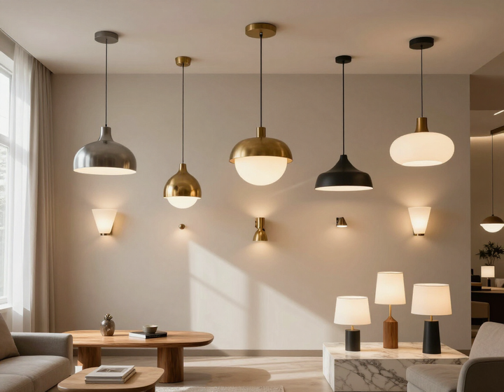 Composizione di famiglie prodotto per l'illuminazione: applique, lampadari, faretti, plafoniere e lampade in una scena elegante.