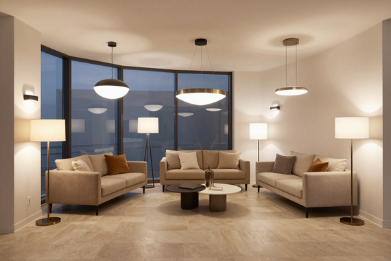 Showroom Living con soluzioni di illuminazione decorative e tecniche in un interno contemporaneo dai toni caldi.