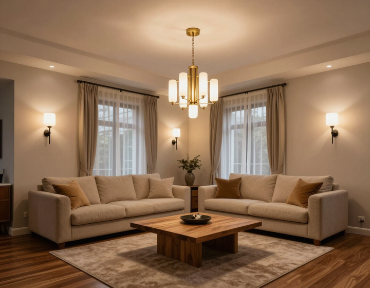 Interno residenziale con faretti incassati, applique e lampadario di design studiati per valorizzare gli arredi.
