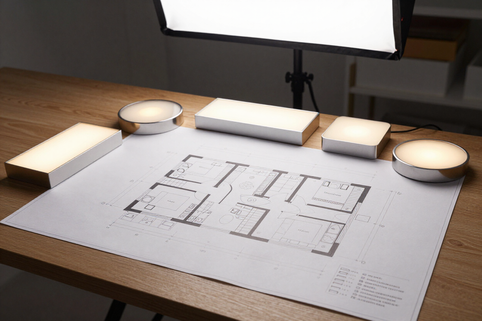 Progetto illuminotecnico residenziale con planimetria e campioni luce.