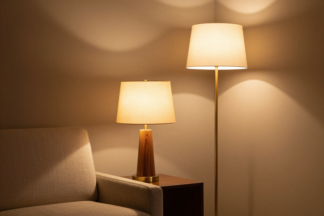 Lampada da tavolo e piantana in living elegante con luce intima.