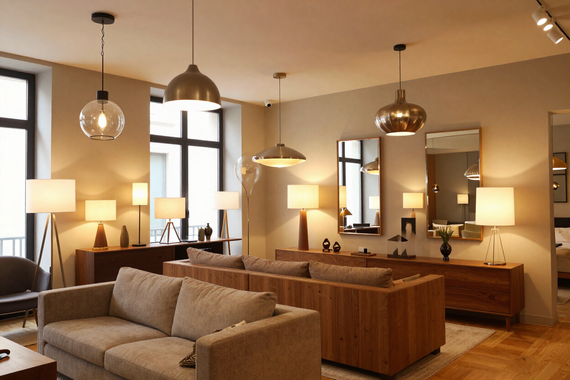 Showroom Living con lampade tecniche e decorative, arredi caldi e atmosfera elegante a Rimini.