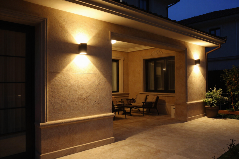 Terrazza serale illuminata da applique per esterni a luce calda.