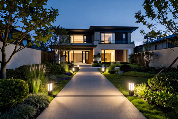 Giardino con percorso illuminato da paletti luminosi per esterni con luce calda al tramonto.