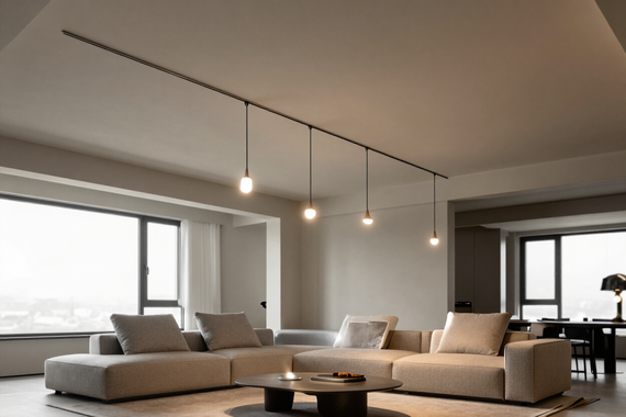Sistema di illuminazione a tesata con cavi tesi e lampade a sospensione sopra un living moderno.