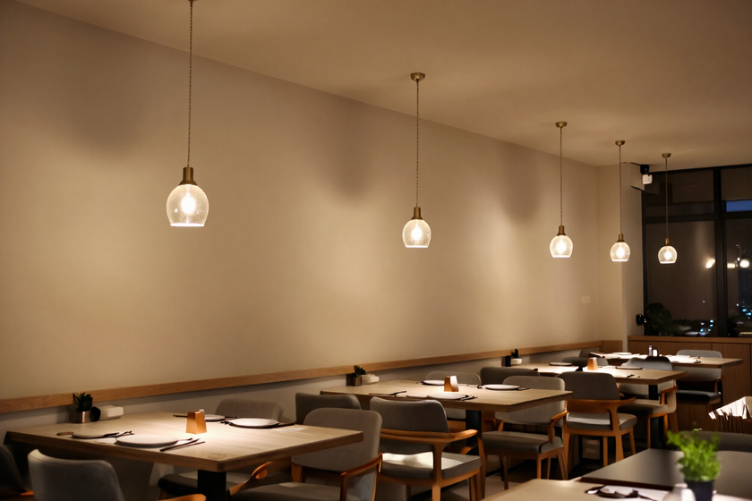 Ambiente con lampade a sospensione appese a cavi tesi per una luce calda e scenografica.