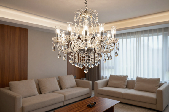 Living moderno con lampadario a tende di cristallo che diffonde riflessi di luce.