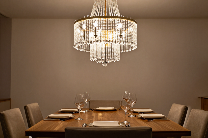 Sala da pranzo elegante con lampada a fili di cristallo e luce calda.