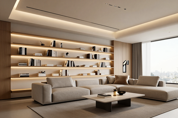 Living moderno con strip LED nascosta nel controsoffitto e nelle mensole.
