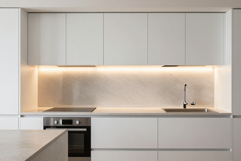 Cucina moderna con strip LED sotto i pensili per una luce di lavoro uniforme.