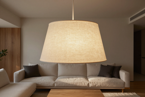 Living contemporaneo con grande paralume in tessuto sospeso e luce calda e diffusa.